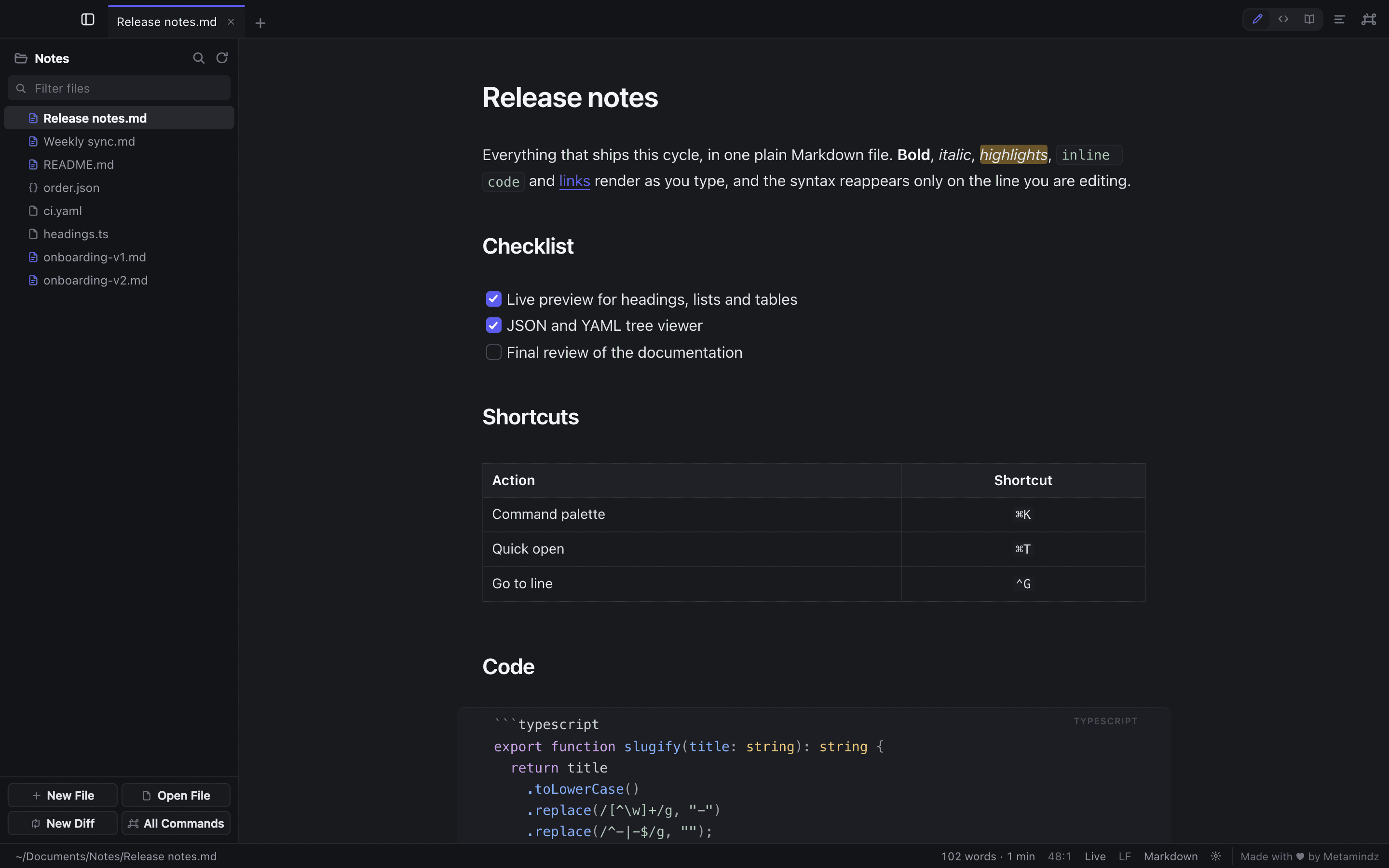 MMDZ in its dark theme, showing a Markdown file called Release notes in live preview: a heading, a paragraph with bold, italic and highlighted words, a checklist, a table of shortcuts and a TypeScript code block, all rendered in place, beside a sidebar of files in a Notes folder.