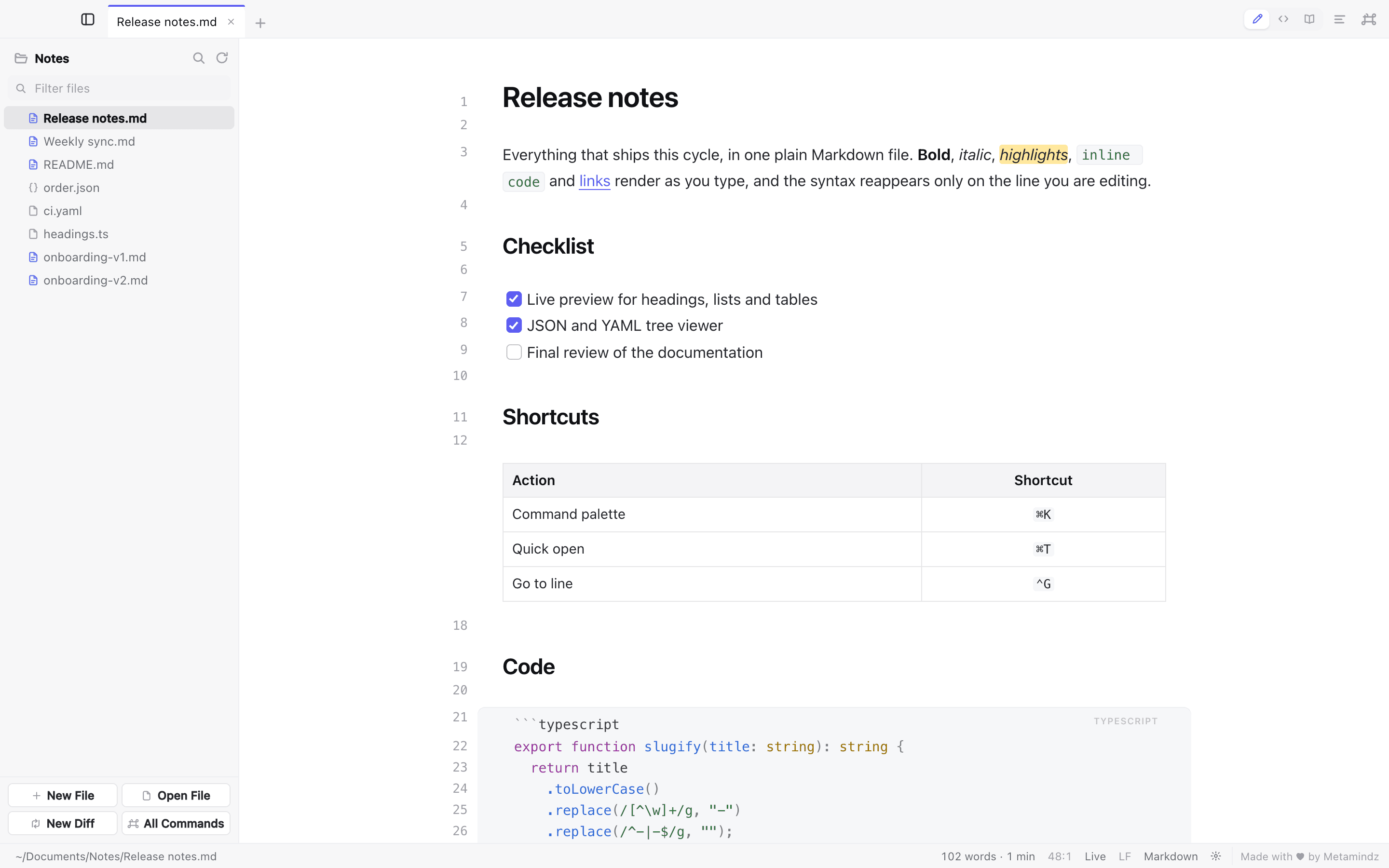 The same file in Live Preview with line numbers: the headings, checklist and table are formatted, and the Markdown syntax is hidden.