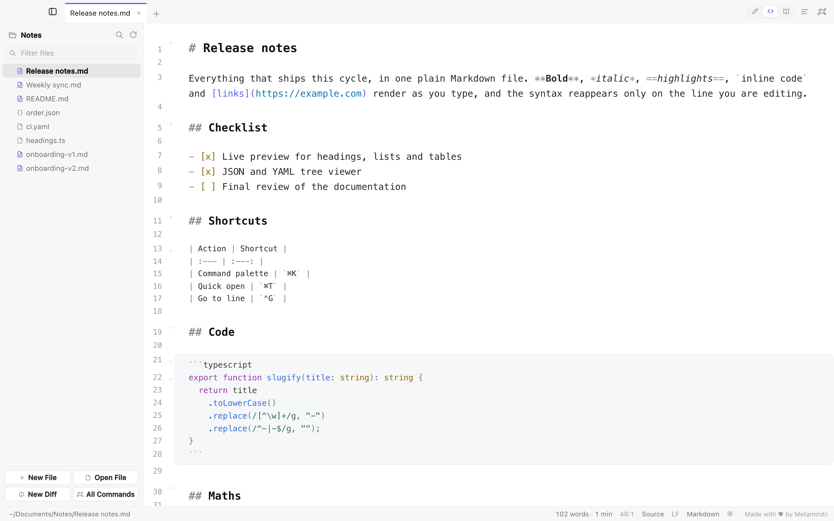 The Release notes file in Source view: the raw Markdown in a monospaced font with line numbers, including the hash signs, asterisks and table pipes.
