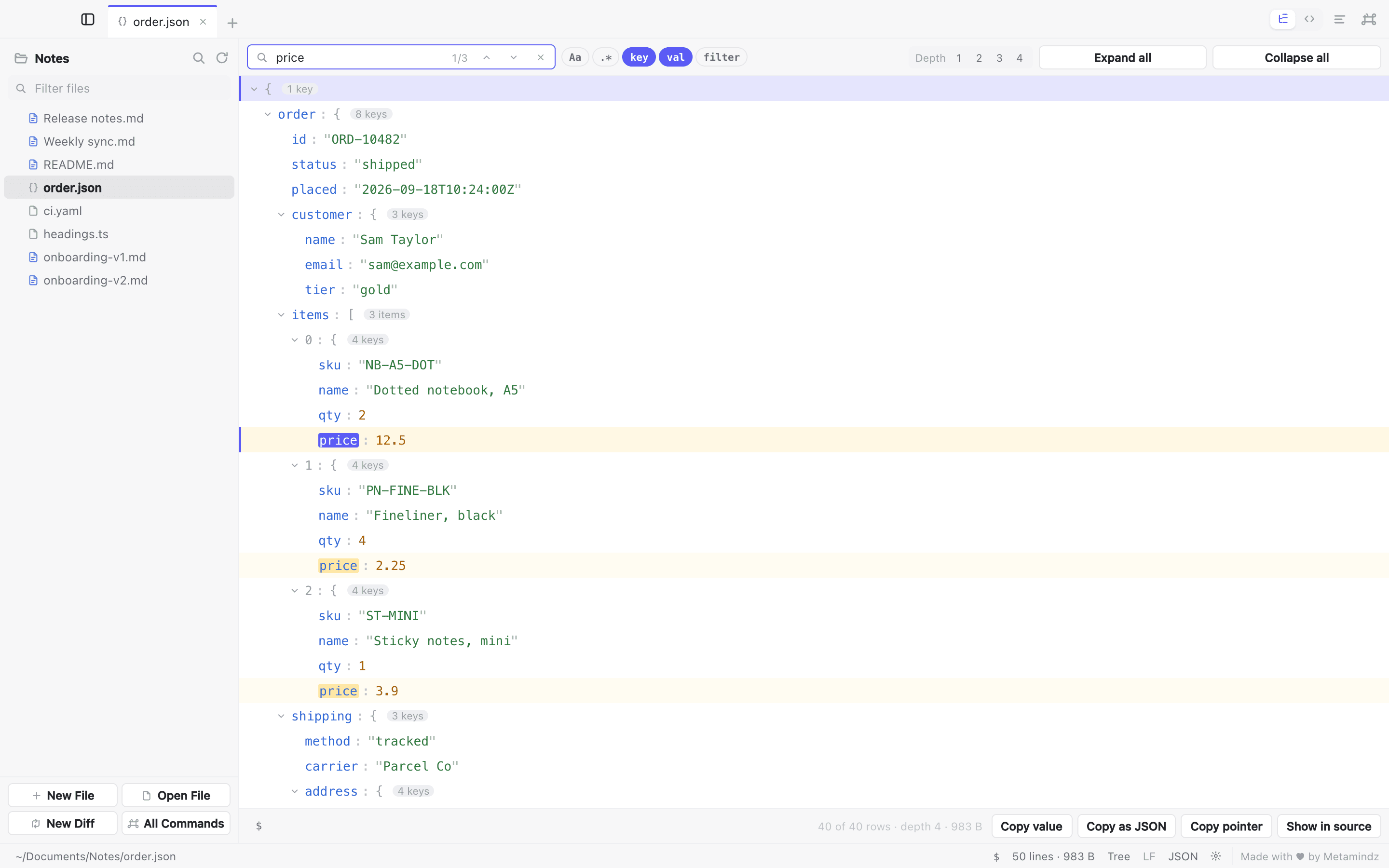 A JSON file, order.json, open as a collapsible tree, with a search for “price” highlighting the three matching keys and buttons to copy a value, copy as JSON, copy a pointer or show it in the source.