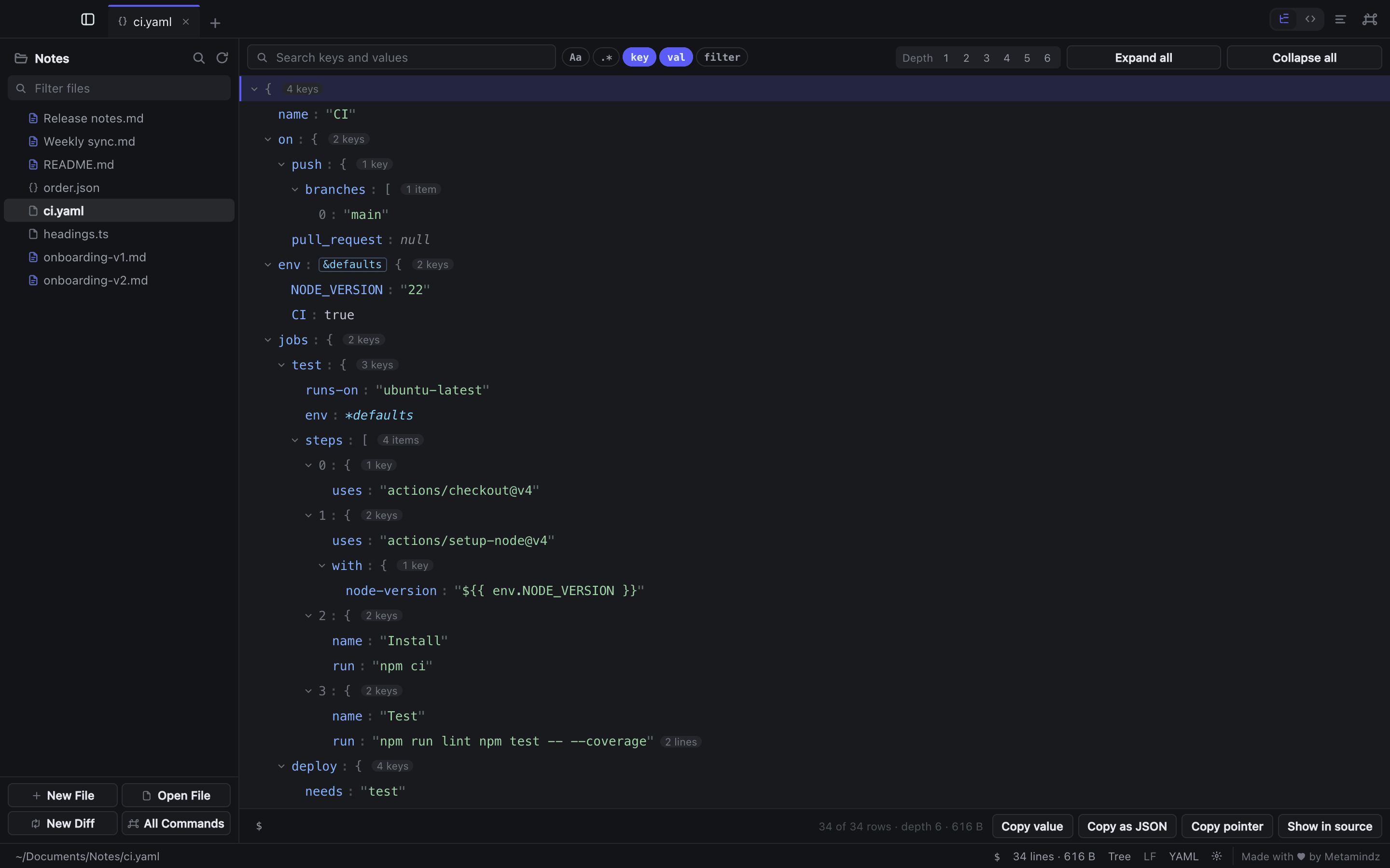 A CI workflow file, ci.yaml, open as a tree in the dark theme, with an anchor shown as an “&defaults” badge and the alias that reuses it shown as “*defaults”.