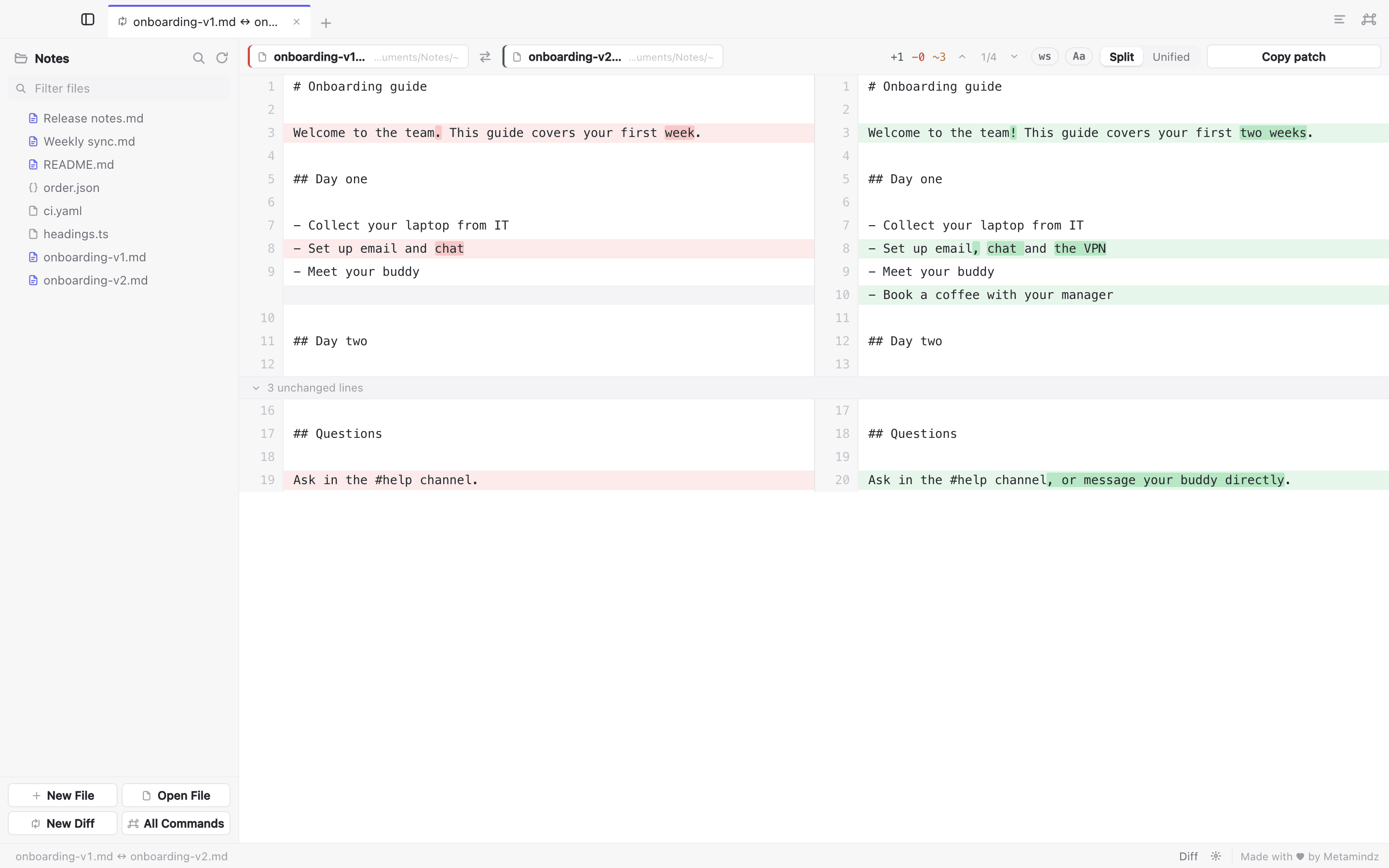 Two versions of an onboarding guide compared side by side, with changed lines tinted red and green and the exact words that changed highlighted.