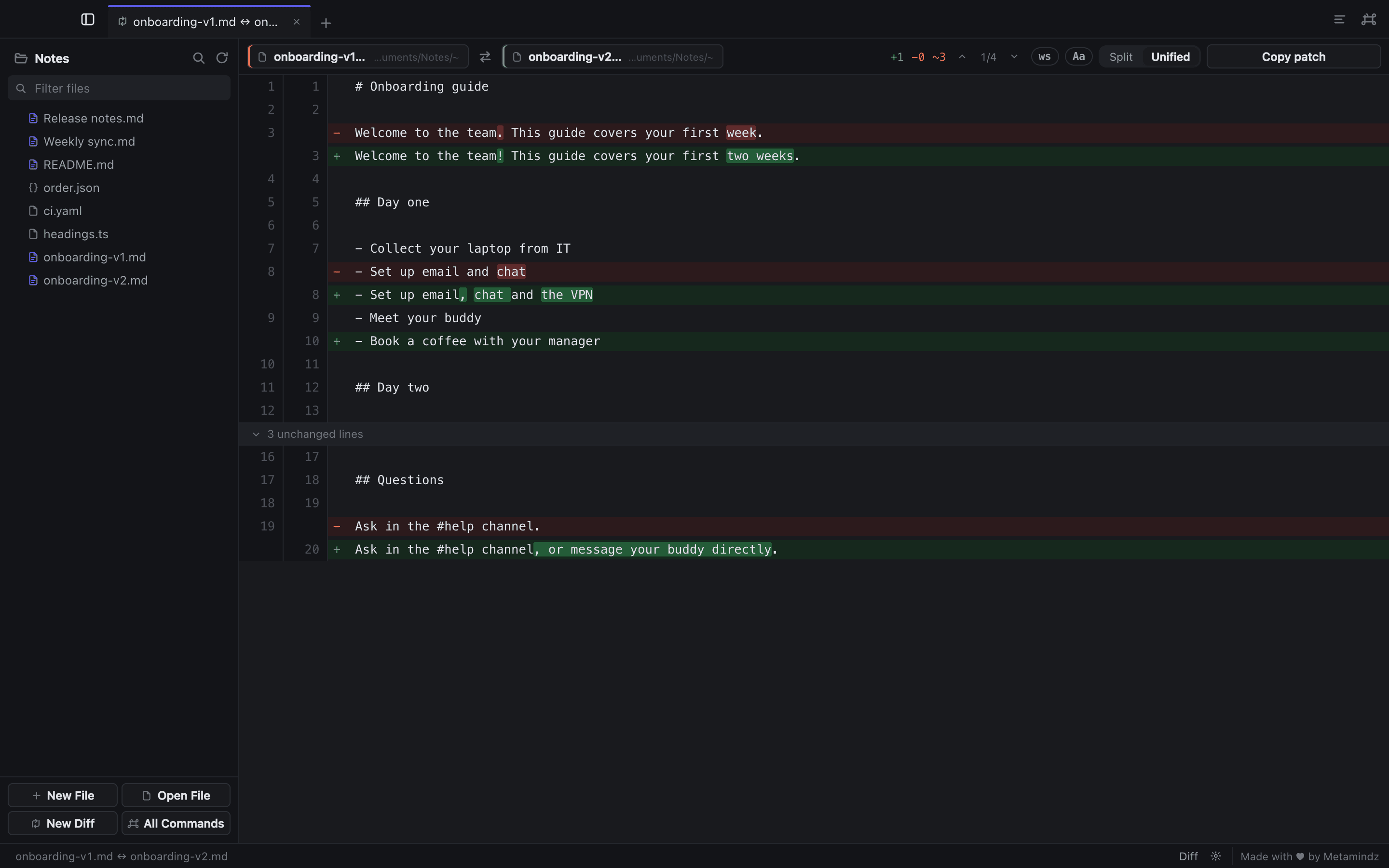 The same comparison in the unified view, in the dark theme: removed lines in red, added lines in green, and three unchanged lines folded away.