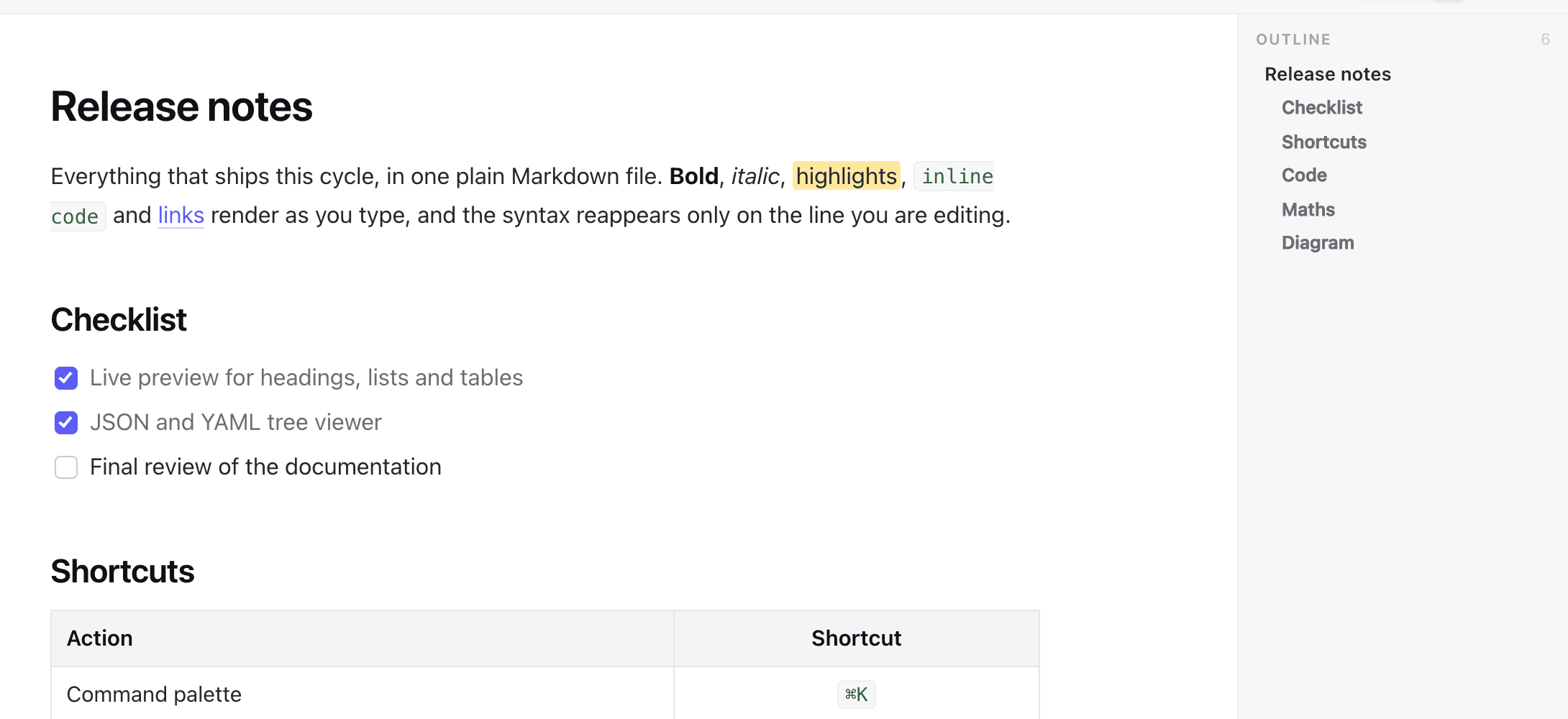 Reading view of a Markdown document, with an outline panel on the right listing its headings.