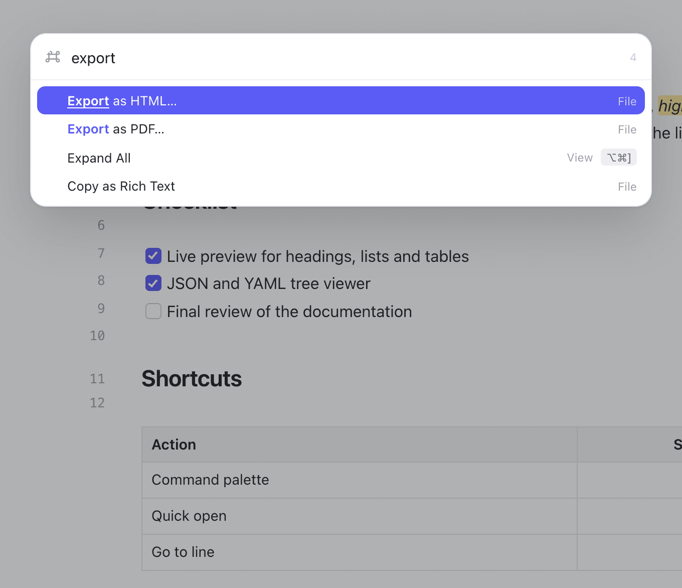 The command palette searching for “export”, listing Export as HTML, Export as PDF, Expand All and Copy as Rich Text.