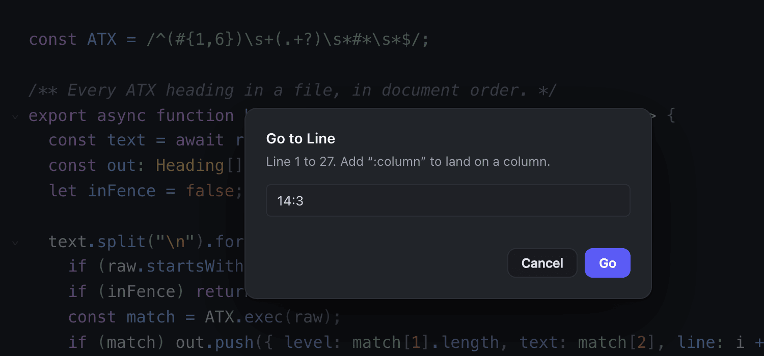 The Go to Line dialog over a TypeScript file, with “14:3” typed in to jump to line 14, column 3.