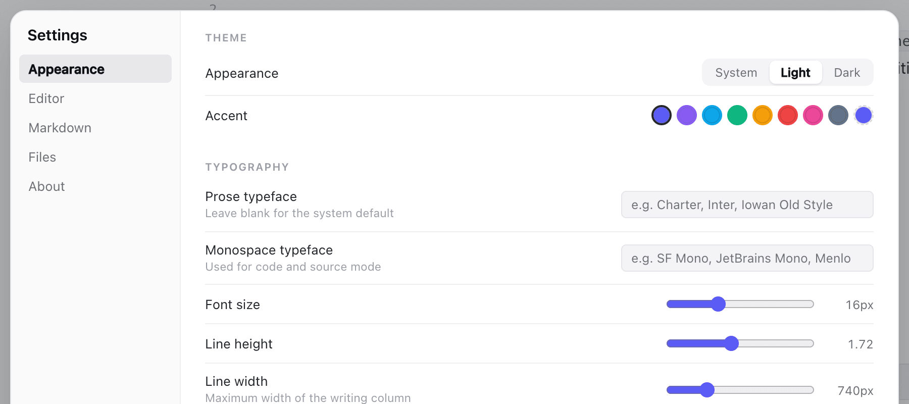 Appearance settings: system, light or dark theme, a row of accent colours, typefaces and font size.
