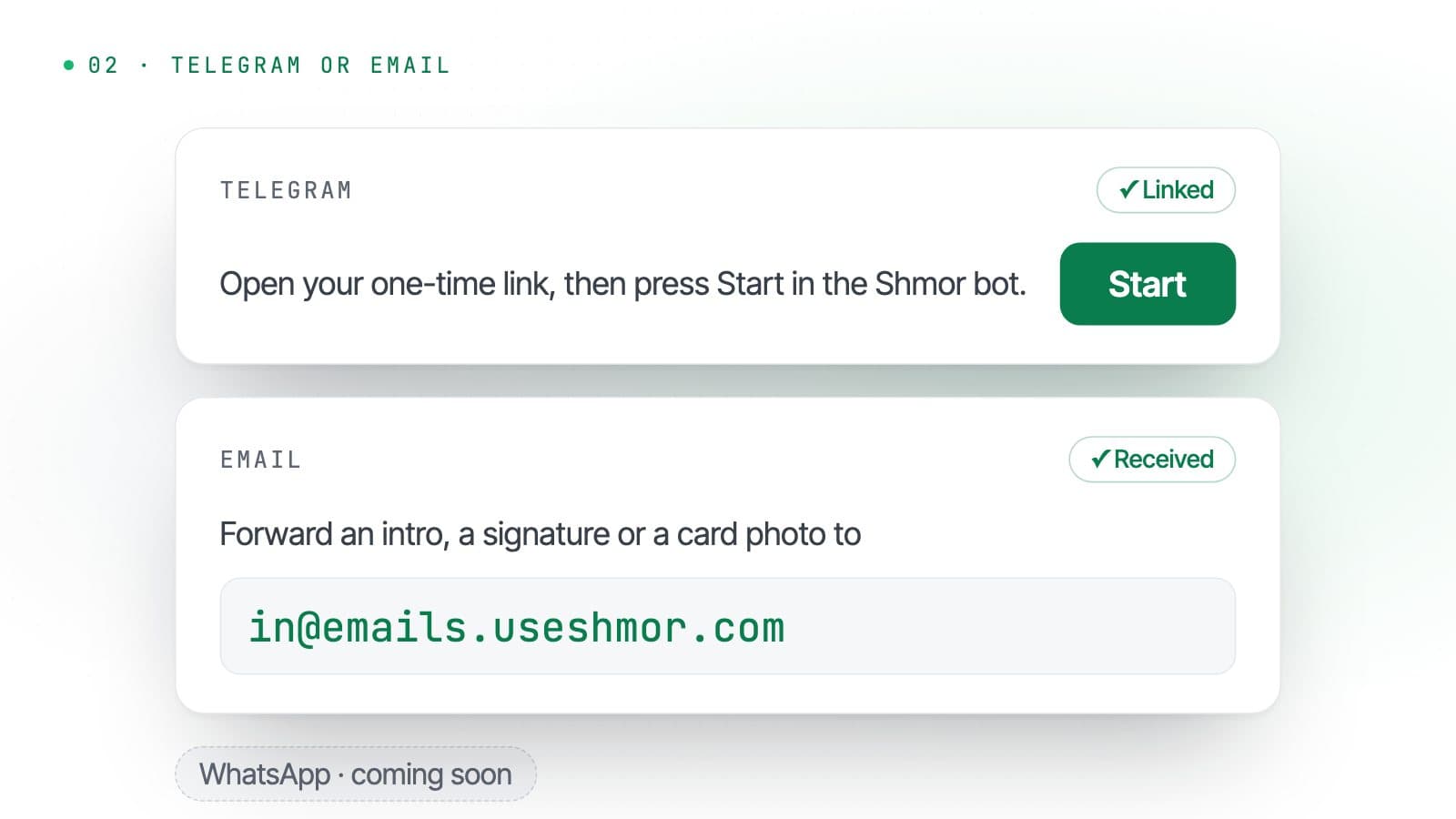 Linking Telegram by pressing Start in the Shmor bot, or forwarding an email to in@emails.useshmor.com. WhatsApp is marked as coming soon.