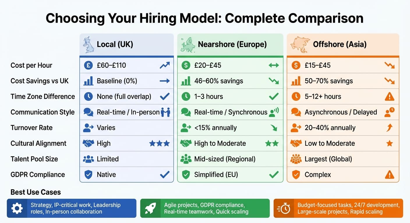 Local vs Nearshore vs Offshore Hiring: Cost, Time Zones & Best Use Cases Comparison