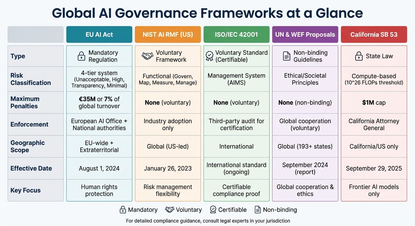 Global AI Governance Frameworks Comparison: EU AI Act, NIST, ISO 42001, UN/WEF, and California SB 53